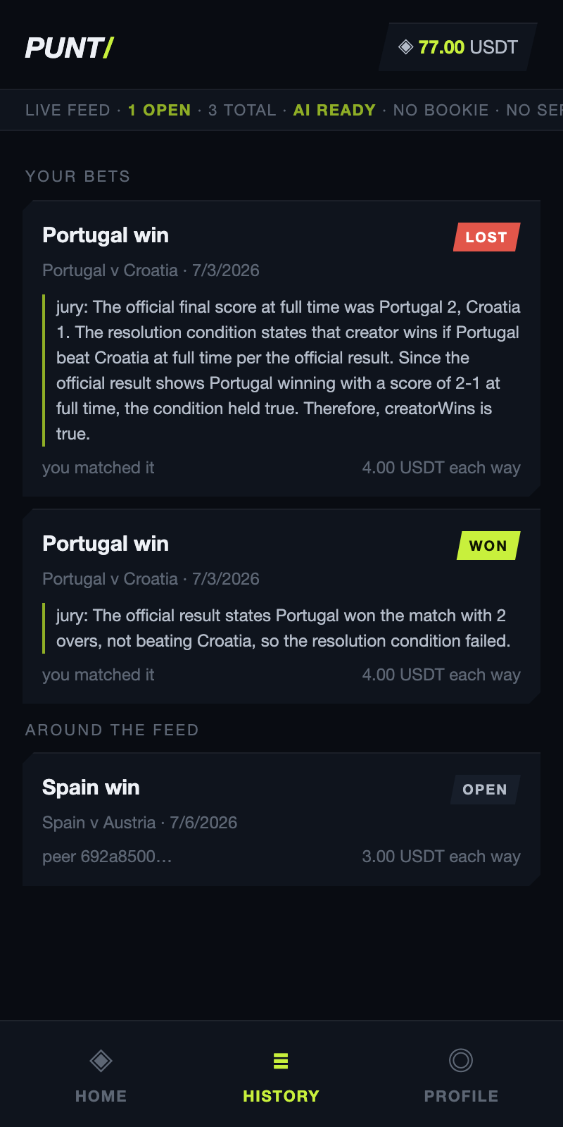 Punt history of open matched and settled pots