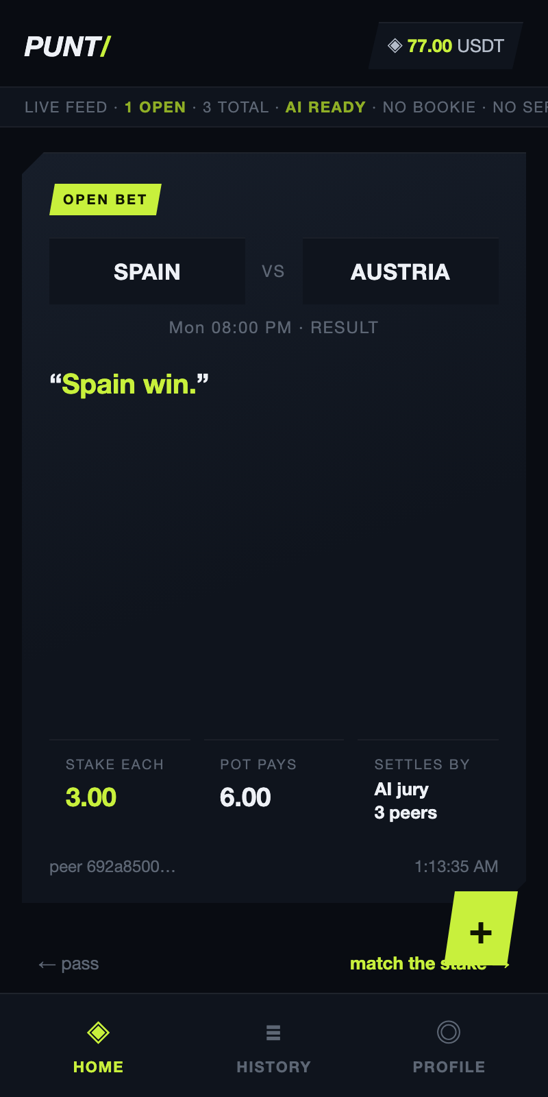 Punt home screen with swipeable bet card stack